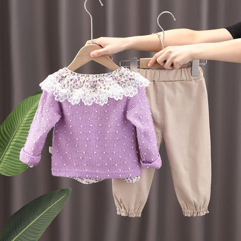 Broken Flower Wave Point Sweater Cardigan Three Piece Set